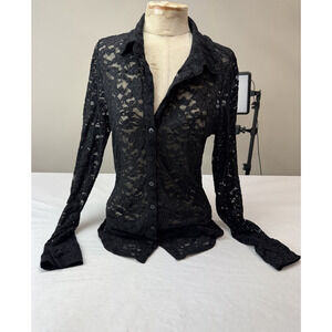 Whimsigoth VTG Moda Dark Fairy Romantic Lace Sheer Blouse Black Y2K Women Medium
